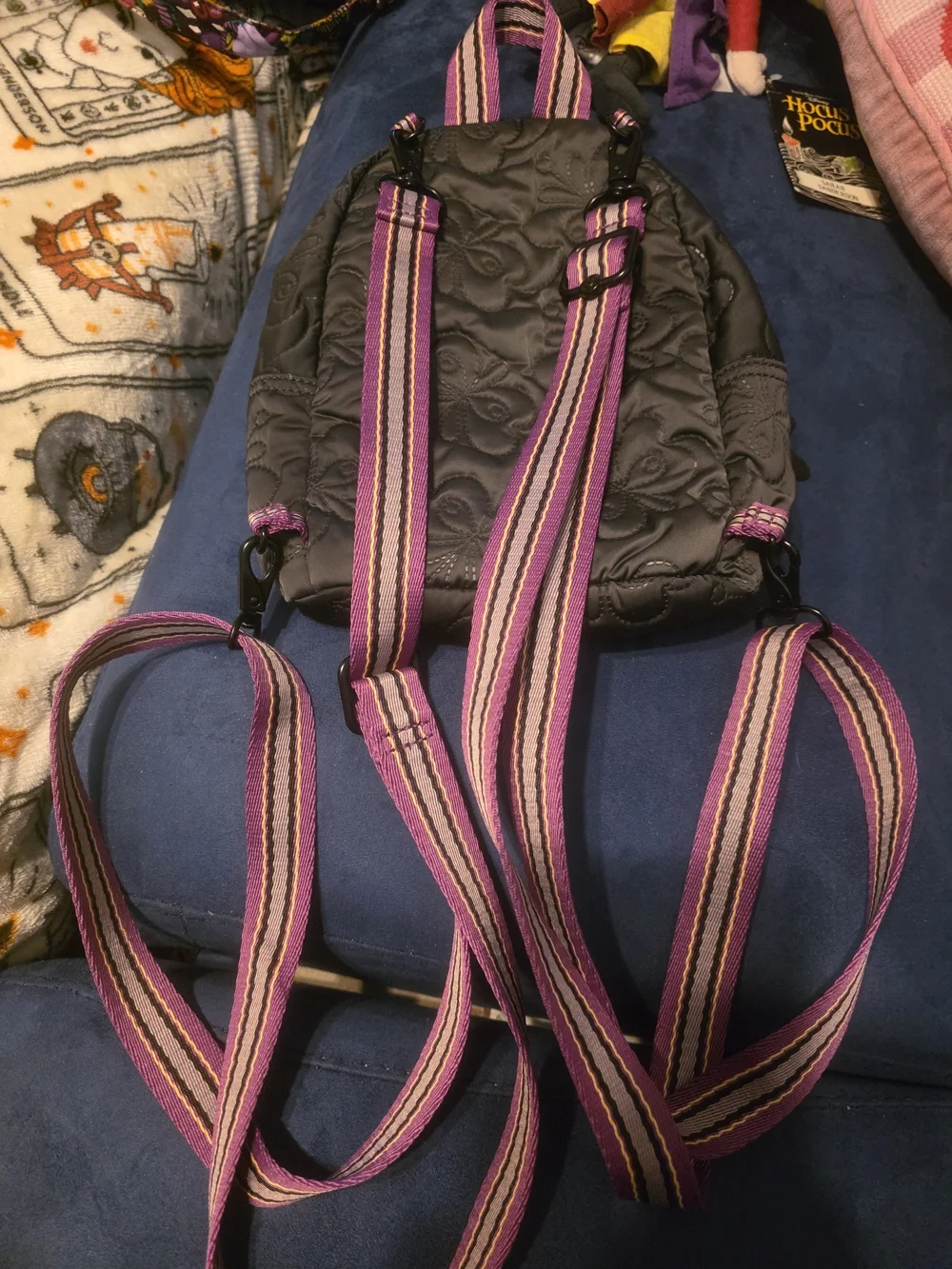Kipling Anna SUI GREY Quilted Mini Backpack with PURPLE Accent Straps